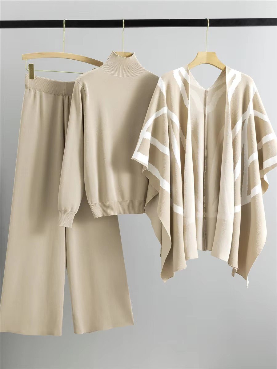 Women's Casual Half High Neck Shawl and Wide Leg Pants Set Simple Knitwear for Spring and Autumn Loose Fit Wholesale 2024