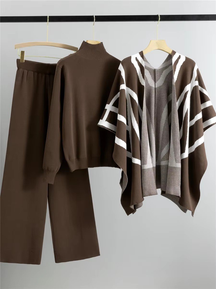 Women's Casual Half High Neck Shawl and Wide Leg Pants Set Simple Knitwear for Spring and Autumn Loose Fit Wholesale 2024