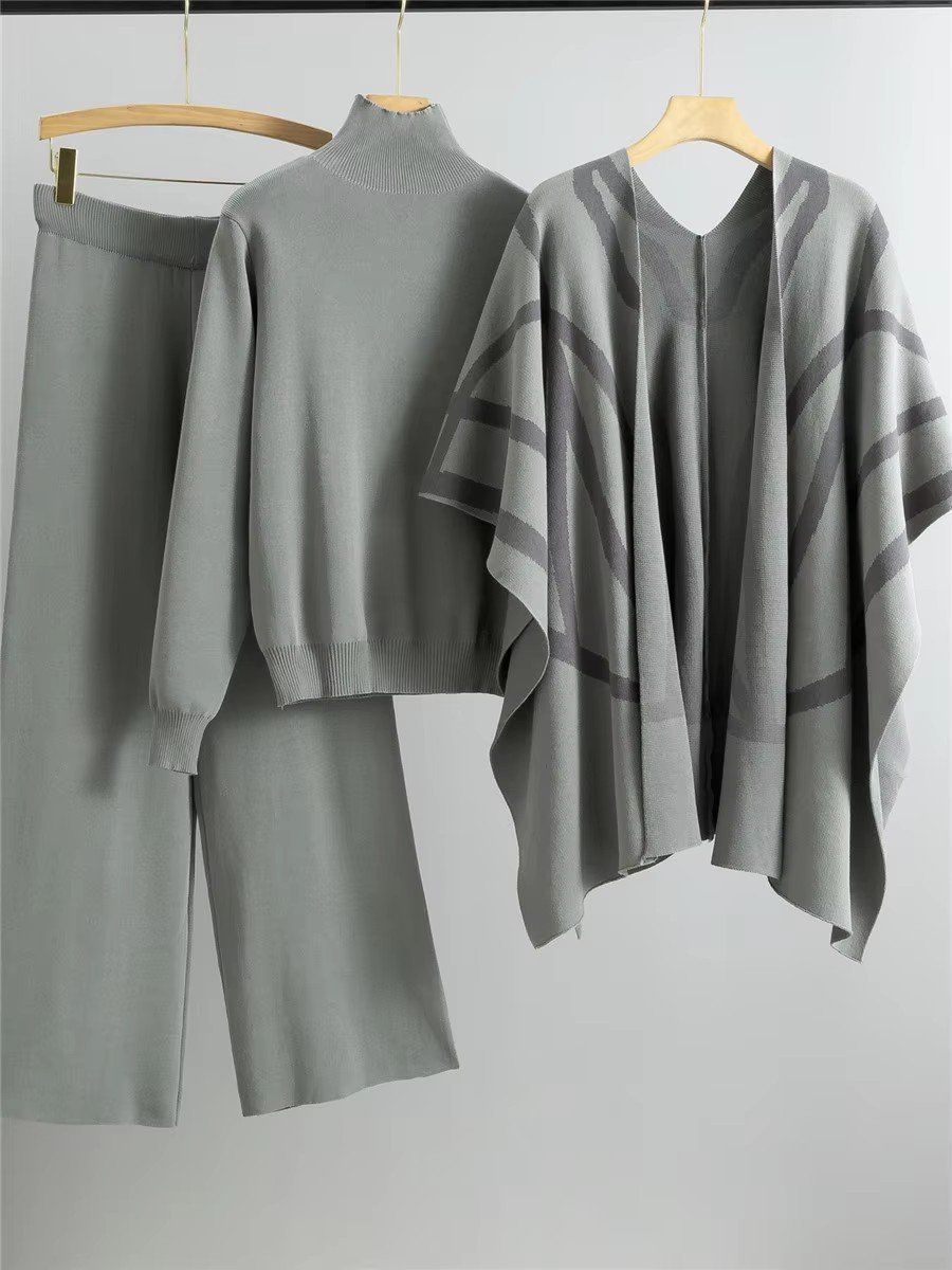 Women's Casual Half High Neck Shawl and Wide Leg Pants Set Simple Knitwear for Spring and Autumn Loose Fit Wholesale 2024
