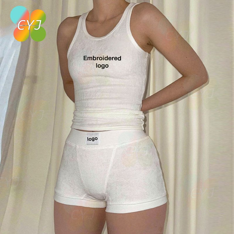 Custom COLOR Embroidery LOGO French Terry Set Lounge Set Cotton Terry Towel Top Leggings Women Two Piece Shorts Set
