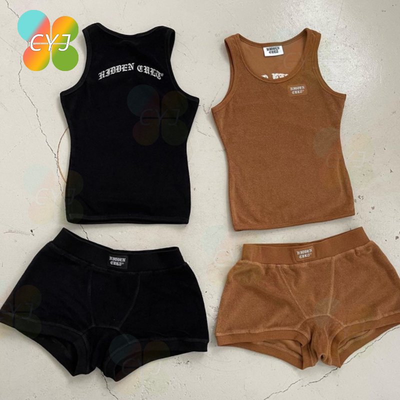 Custom COLOR Embroidery LOGO French Terry Set Lounge Set Cotton Terry Towel Top Leggings Women Two Piece Shorts Set