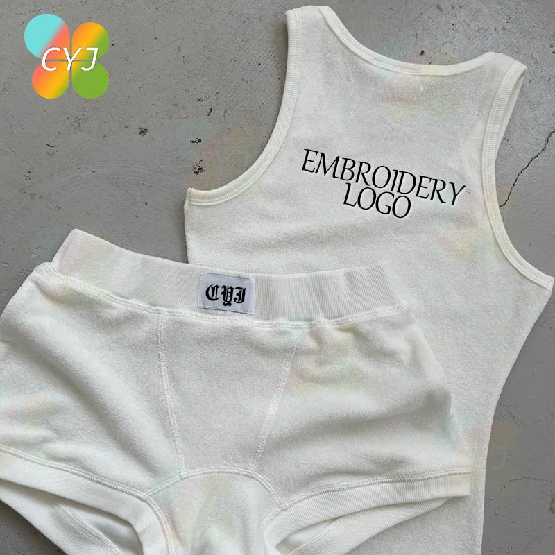 Custom COLOR Embroidery LOGO French Terry Set Lounge Set Cotton Terry Towel Top Leggings Women Two Piece Shorts Set