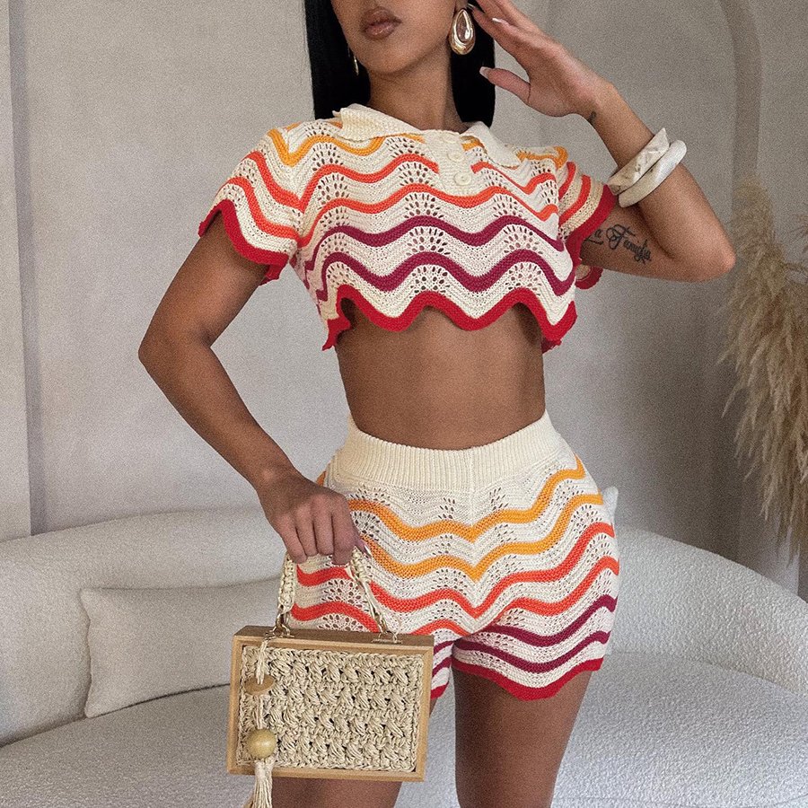 ANSZKTN W23S32160 Patchwork Short Sleeve Two Pieces Skirt Sets Gradient Striped 2 Piece Set Women Knitted Women's Set
