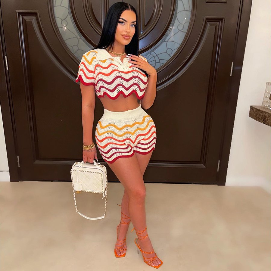 ANSZKTN W23S32160 Patchwork Short Sleeve Two Pieces Skirt Sets Gradient Striped 2 Piece Set Women Knitted Women's Set