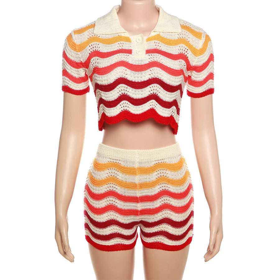 ANSZKTN W23S32160 Patchwork Short Sleeve Two Pieces Skirt Sets Gradient Striped 2 Piece Set Women Knitted Women's Set