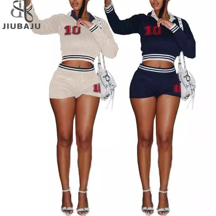 Number Embroidery Striped Knitted Women's Set Crop Tops+Shorts Matched 2024 Fall Baddie 2 Piece Sets Outfits