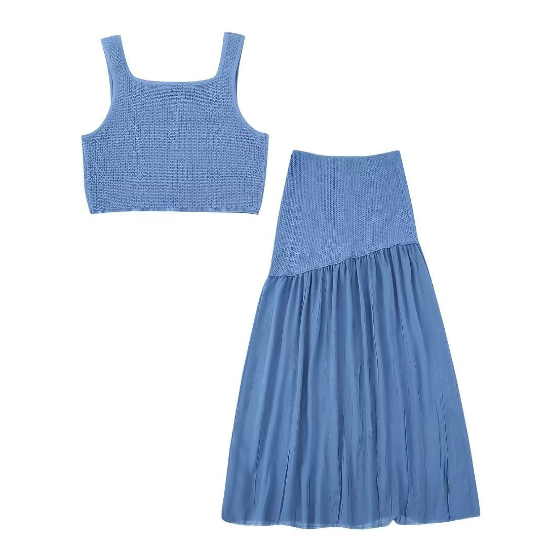 2023 European and American wind summer women's new texture knitted short jacket long skirt set