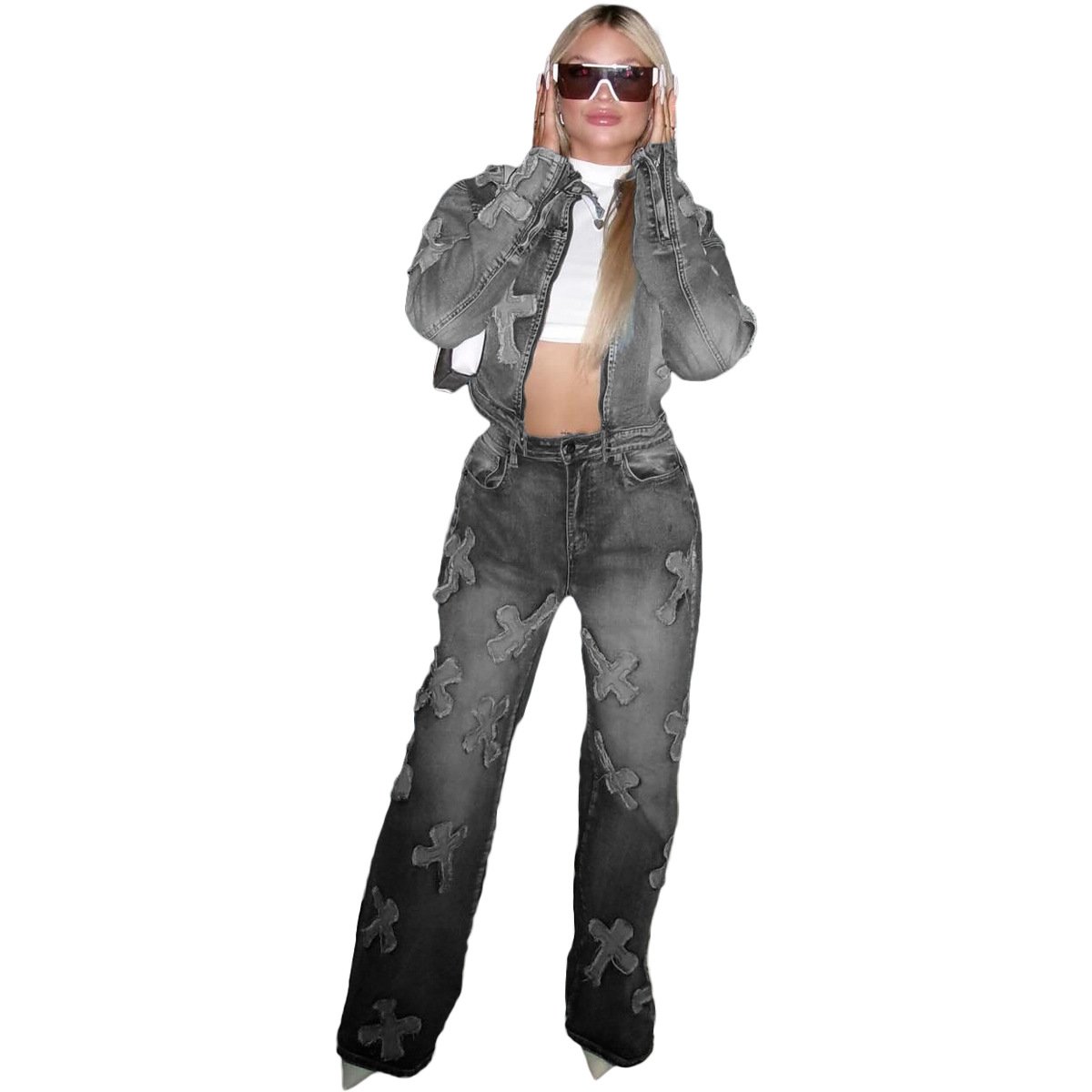 2024 Spring and Autumn wholesale women's two-piece jeans set Denim New wash casual denim set 2-piece jeans set for women