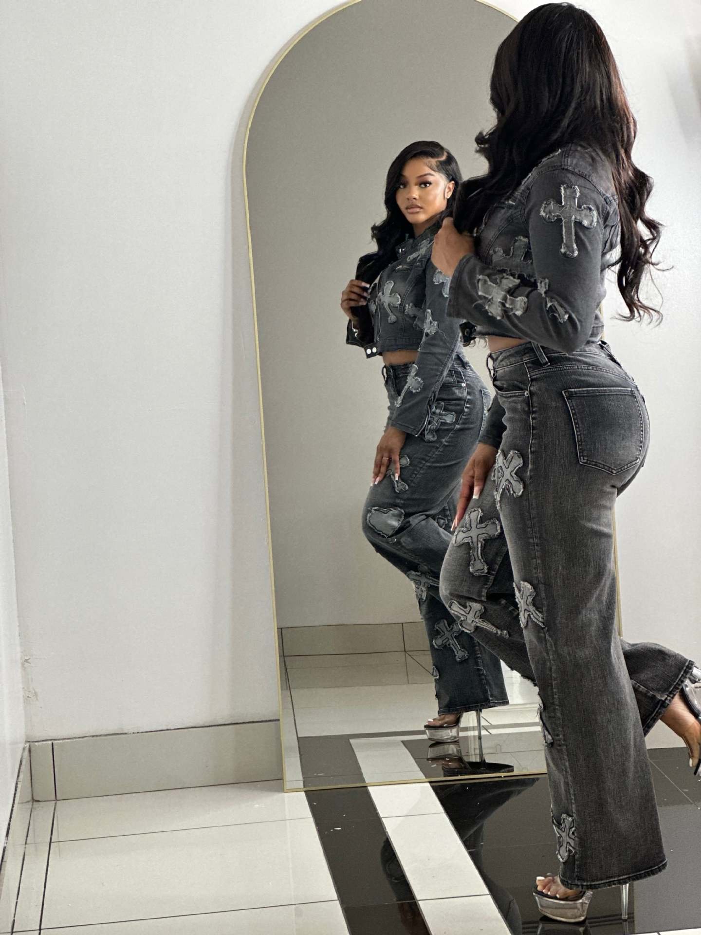 2024 Spring and Autumn wholesale women's two-piece jeans set Denim New wash casual denim set 2-piece jeans set for women