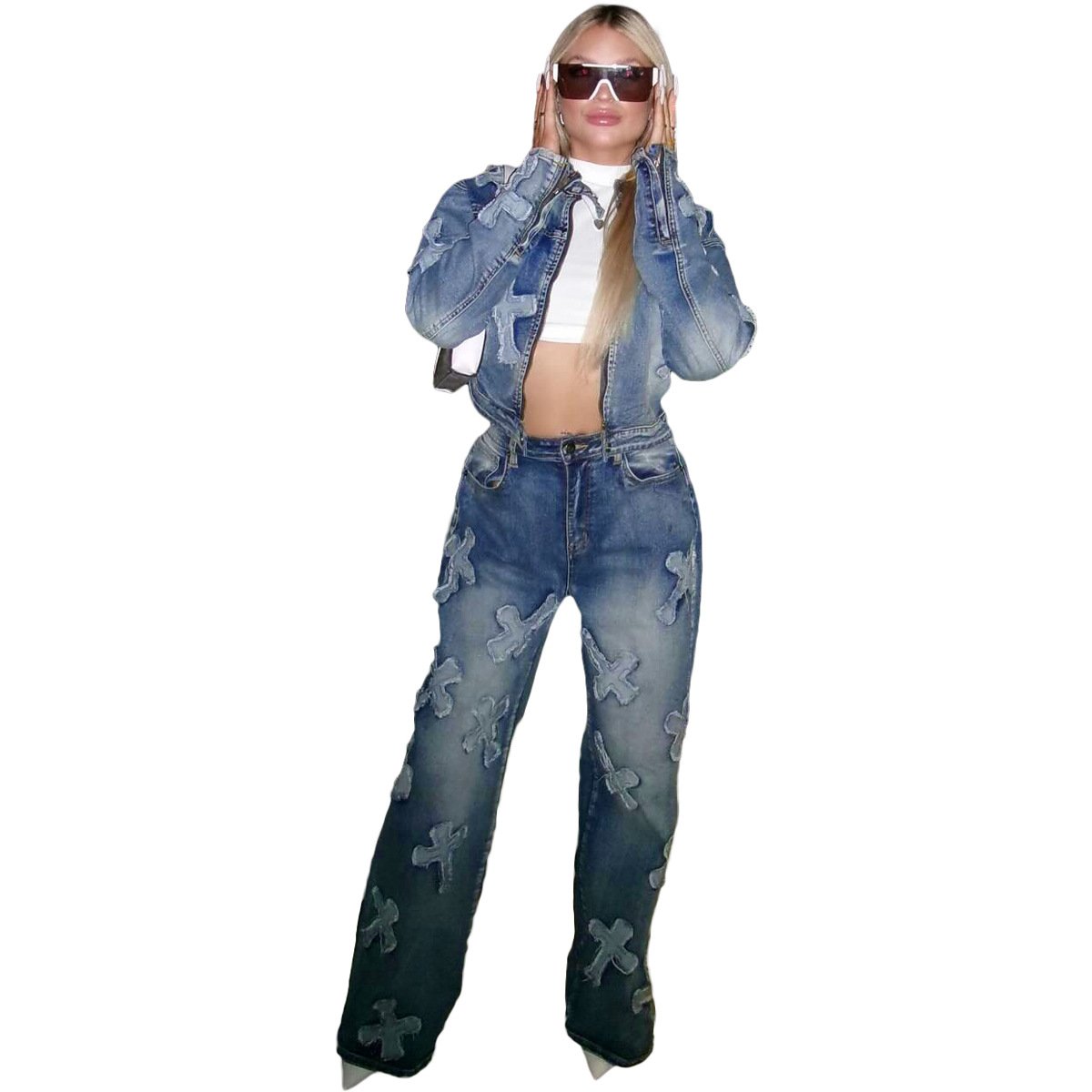 2024 Spring and Autumn wholesale women's two-piece jeans set Denim New wash casual denim set 2-piece jeans set for women