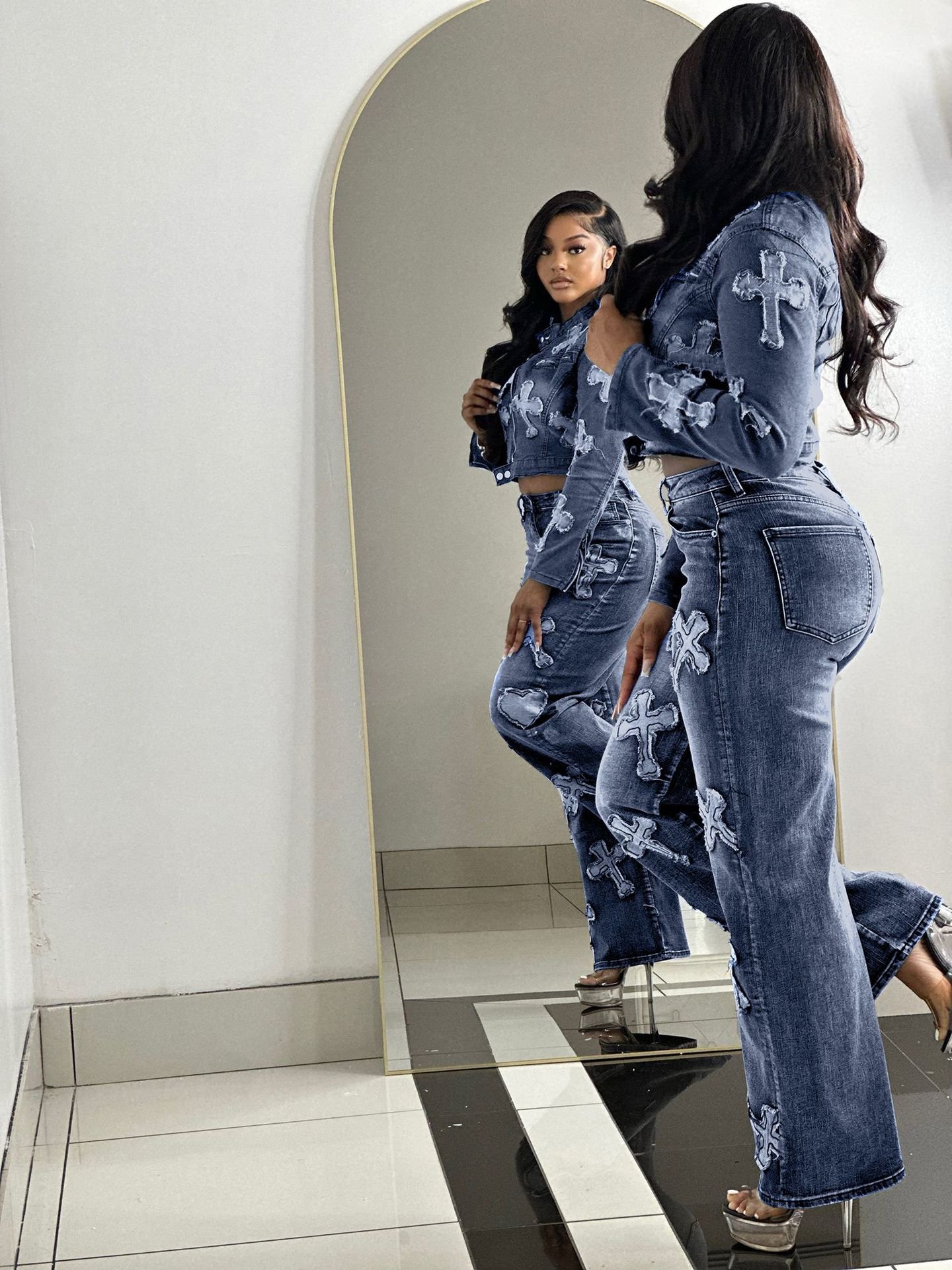 2024 Spring and Autumn wholesale women's two-piece jeans set Denim New wash casual denim set 2-piece jeans set for women