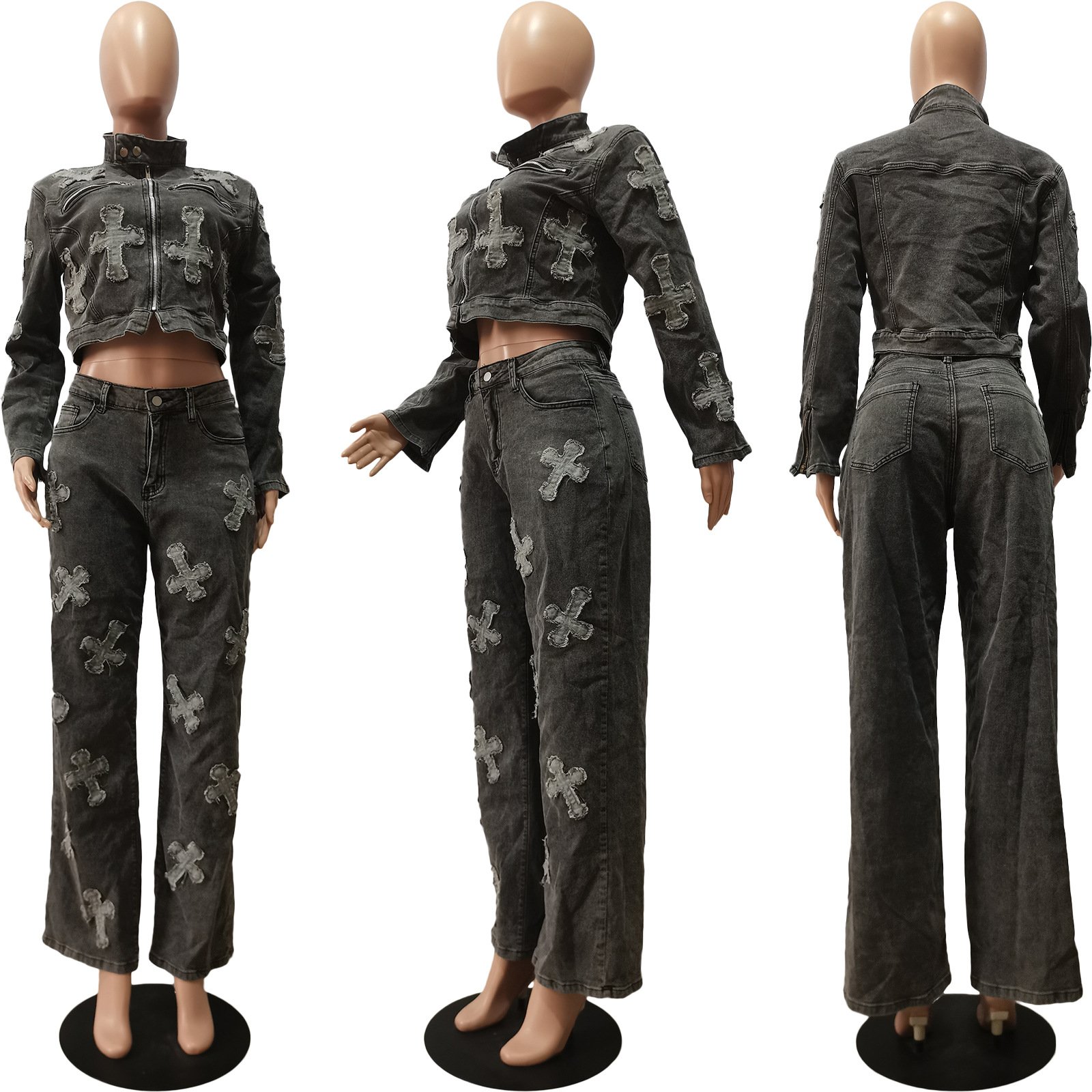 2024 Spring and Autumn wholesale women's two-piece jeans set Denim New wash casual denim set 2-piece jeans set for women
