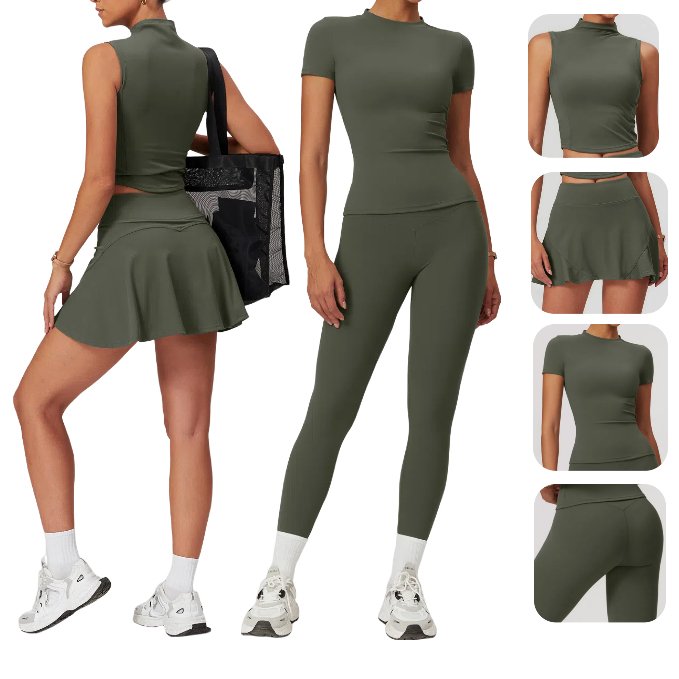 Custom Logo Seamless Yoga Set Women Pink Short Sleeve Top High Waist Leggings 2 Piece Skirt Tennis Workout Set Fitness Gym Sets