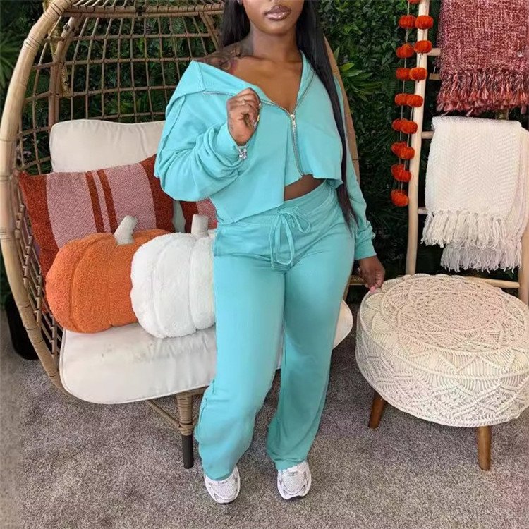 Sport Casual Women's Set Zip Long Sleeve Crop Sweatshirt Top Drawstring Pants Pants Loose Tracksuits Outfits