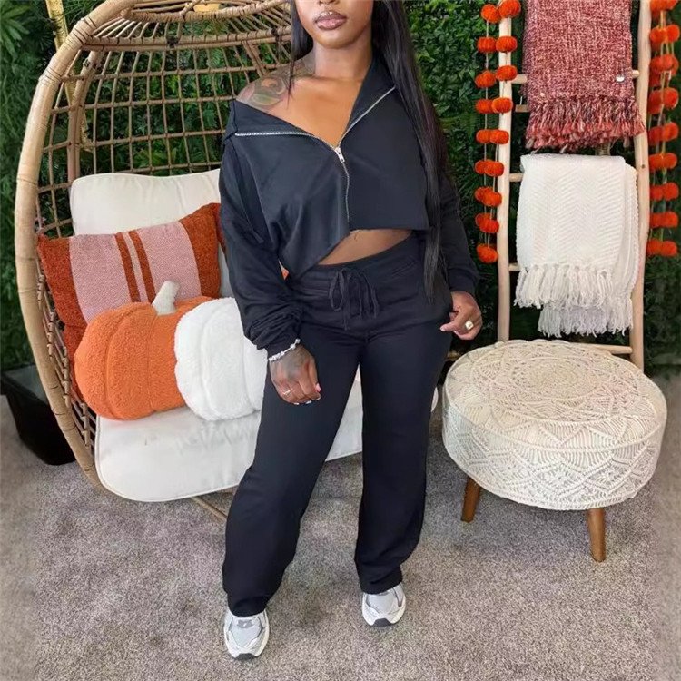 Sport Casual Women's Set Zip Long Sleeve Crop Sweatshirt Top Drawstring Pants Pants Loose Tracksuits Outfits