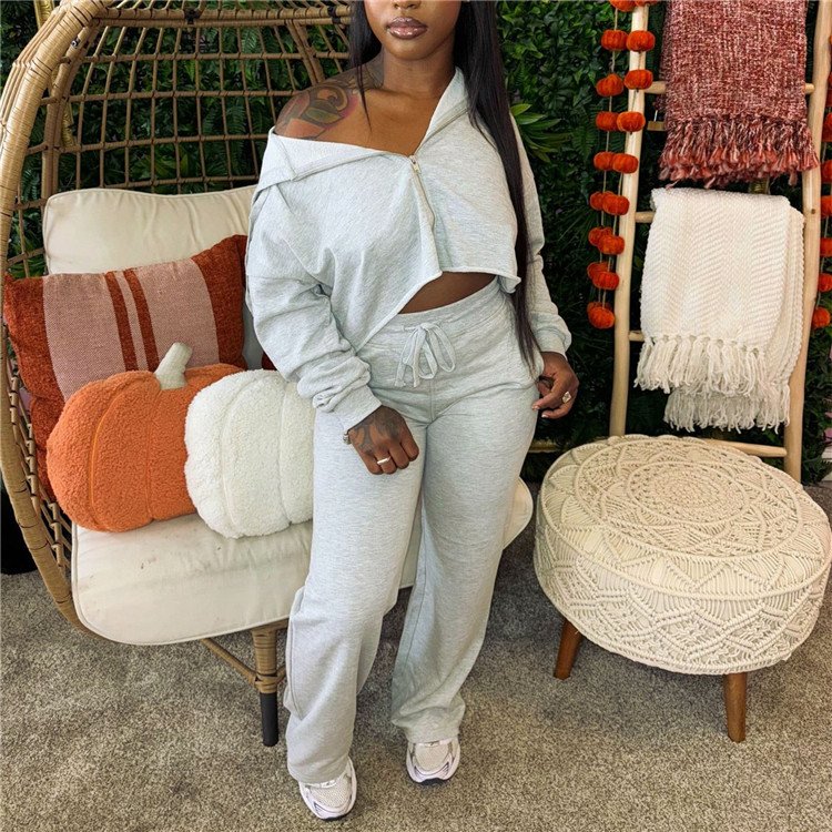 Sport Casual Women's Set Zip Long Sleeve Crop Sweatshirt Top Drawstring Pants Pants Loose Tracksuits Outfits