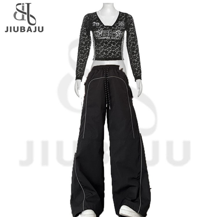 2024 Fall Women 2 Piece Set Long Sleeve Number Lace Crop Tops + Loose Pants Suit
