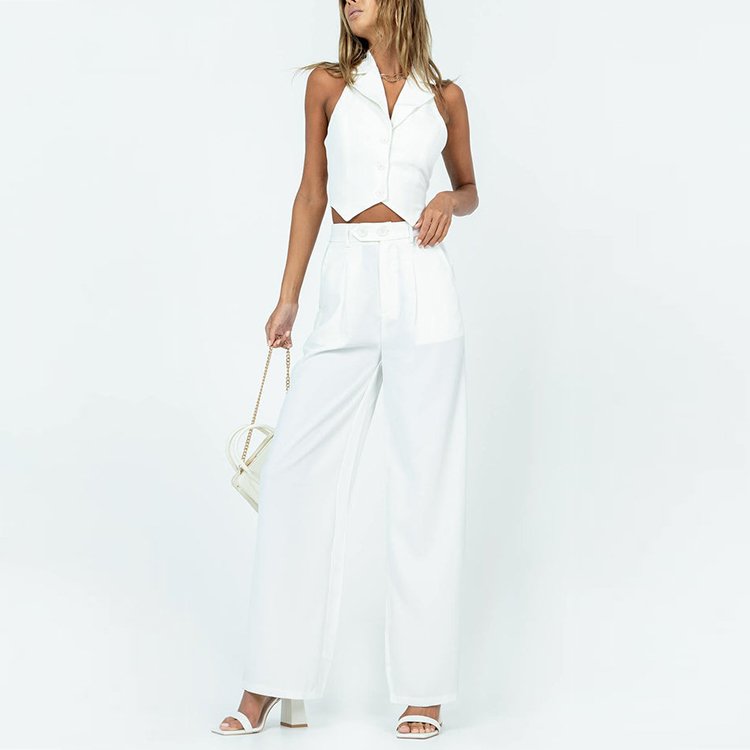 Lapel Collar sleeveless Vest Top High Waisted Pants Women's Set