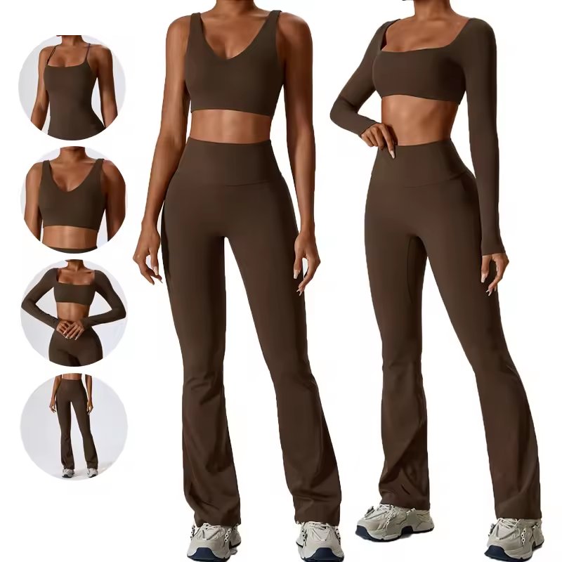 Wholesale Women Sports Gym Wear Workout Set Tights Crop Top 2 Pieces Seamless Long Sleeve Fitness Yoga Set