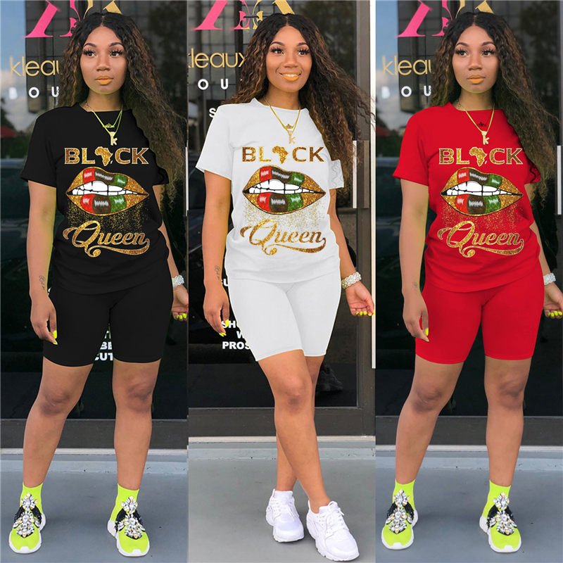 Hot Sell women sets casual plus size 2 piece outfit lips Queen printed short sleeve t-shirt shorts set