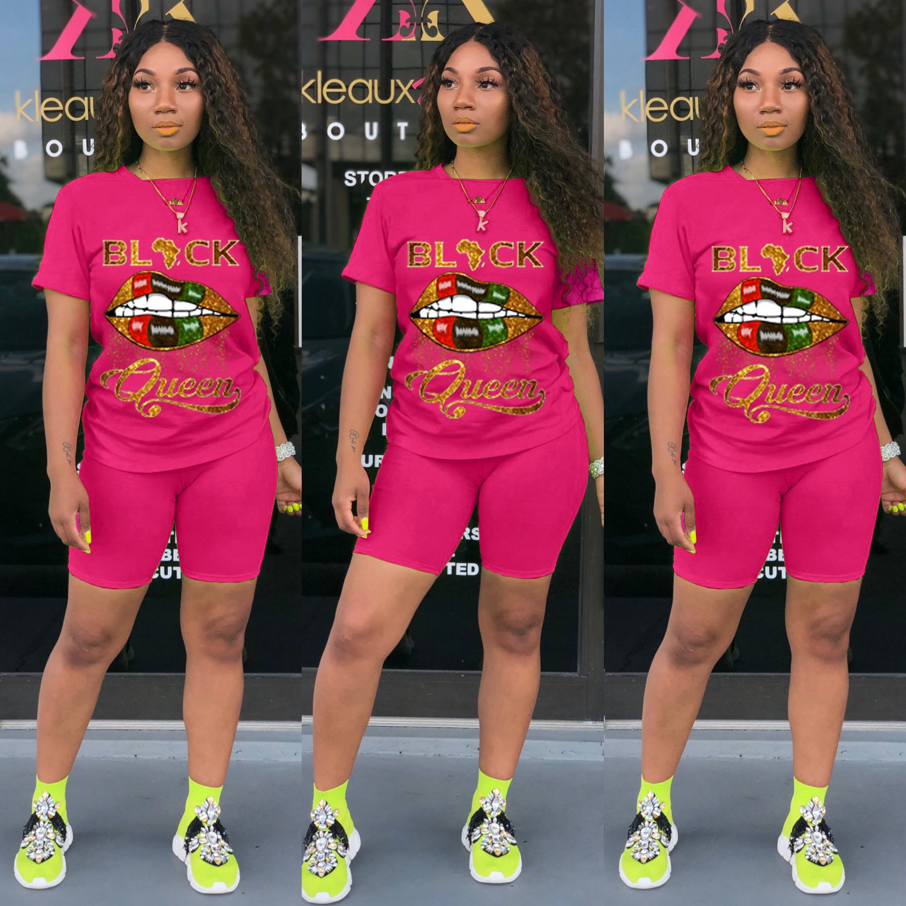 Hot Sell women sets casual plus size 2 piece outfit lips Queen printed short sleeve t-shirt shorts set