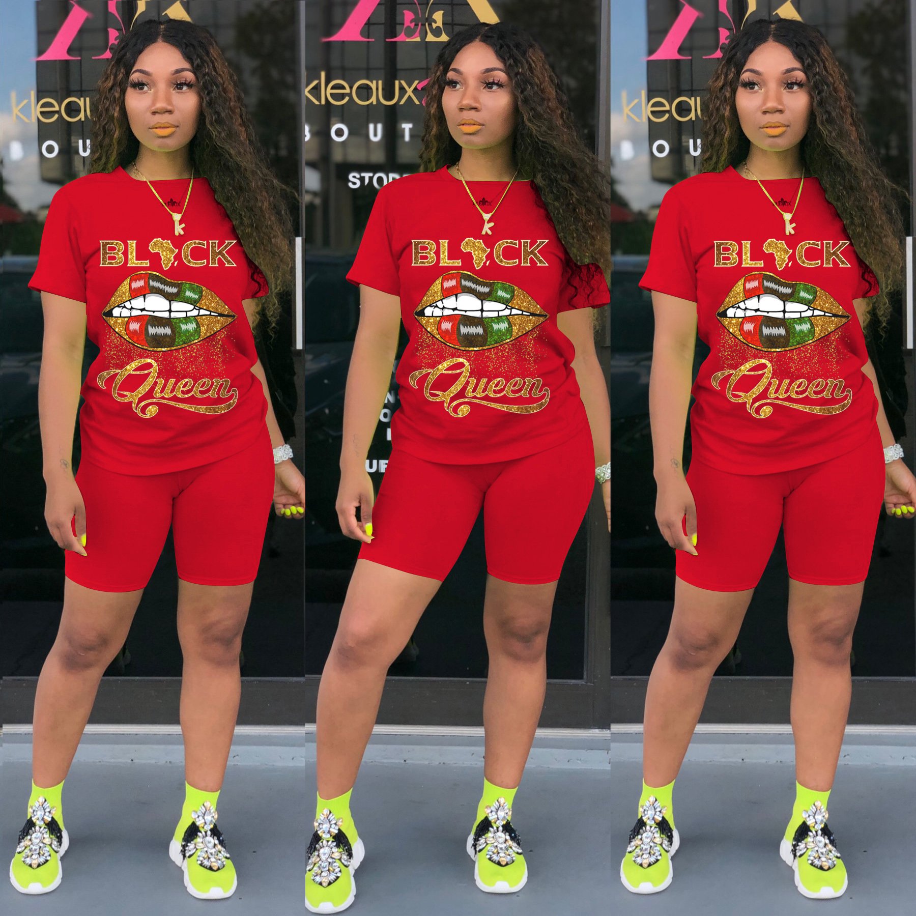 Hot Sell women sets casual plus size 2 piece outfit lips Queen printed short sleeve t-shirt shorts set