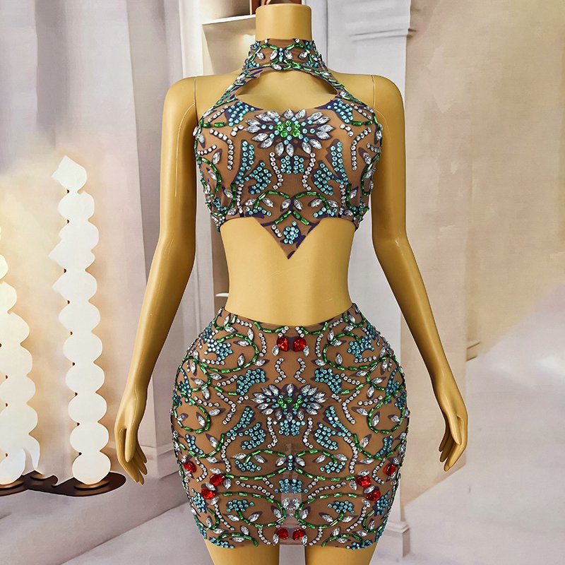 Novance Y4110 Dropshipping Products 2024 Diamond Bling Women's Sets 2 Piece Short Luxury Sparkly Rhinestone Crystal Dress