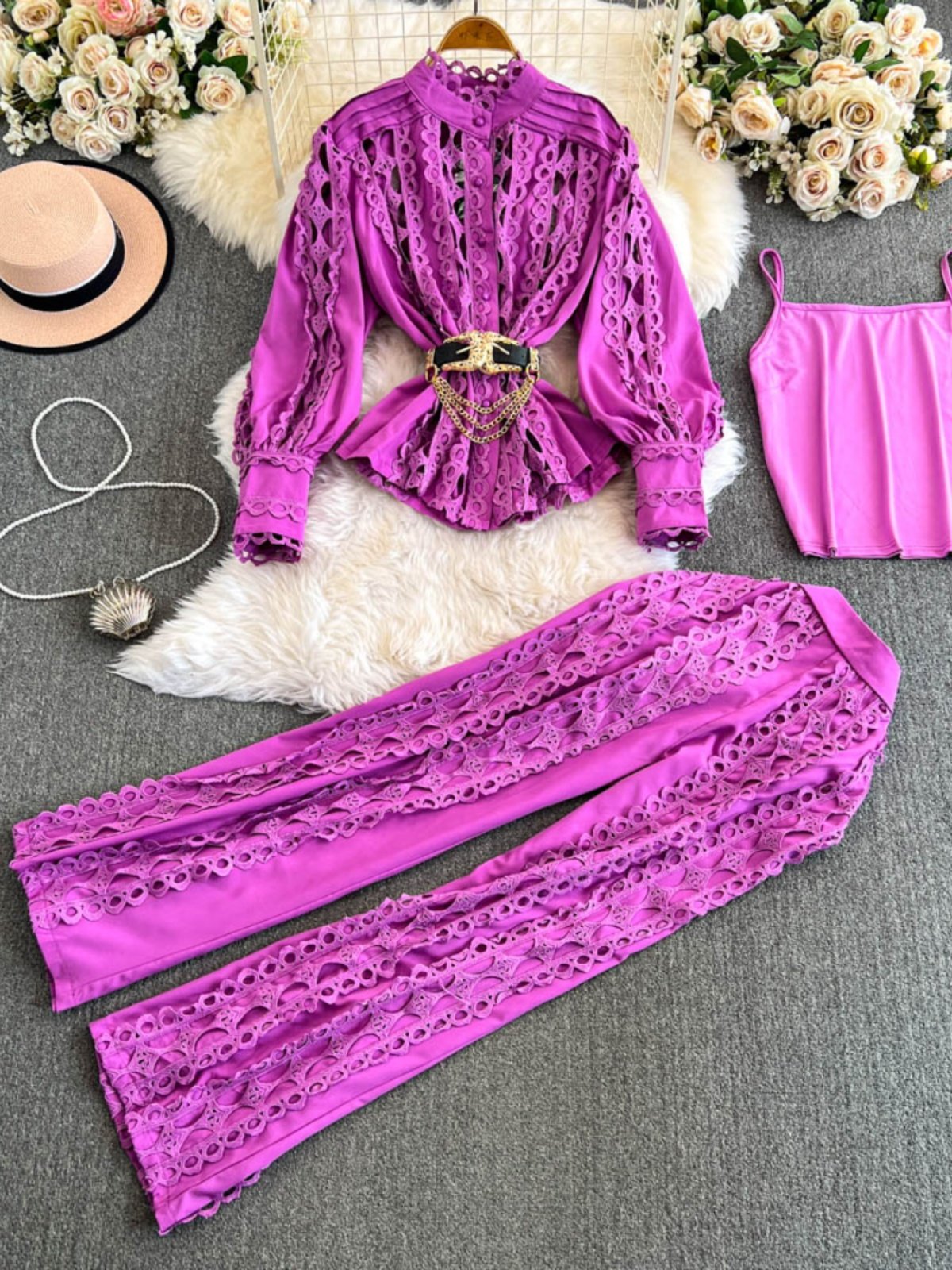 Wholesale 2024 Autumn New Fashionable Lace Hook Flower Lantern Sleeve Shirt High Waist Slimming Wide Leg Pants Women's Set