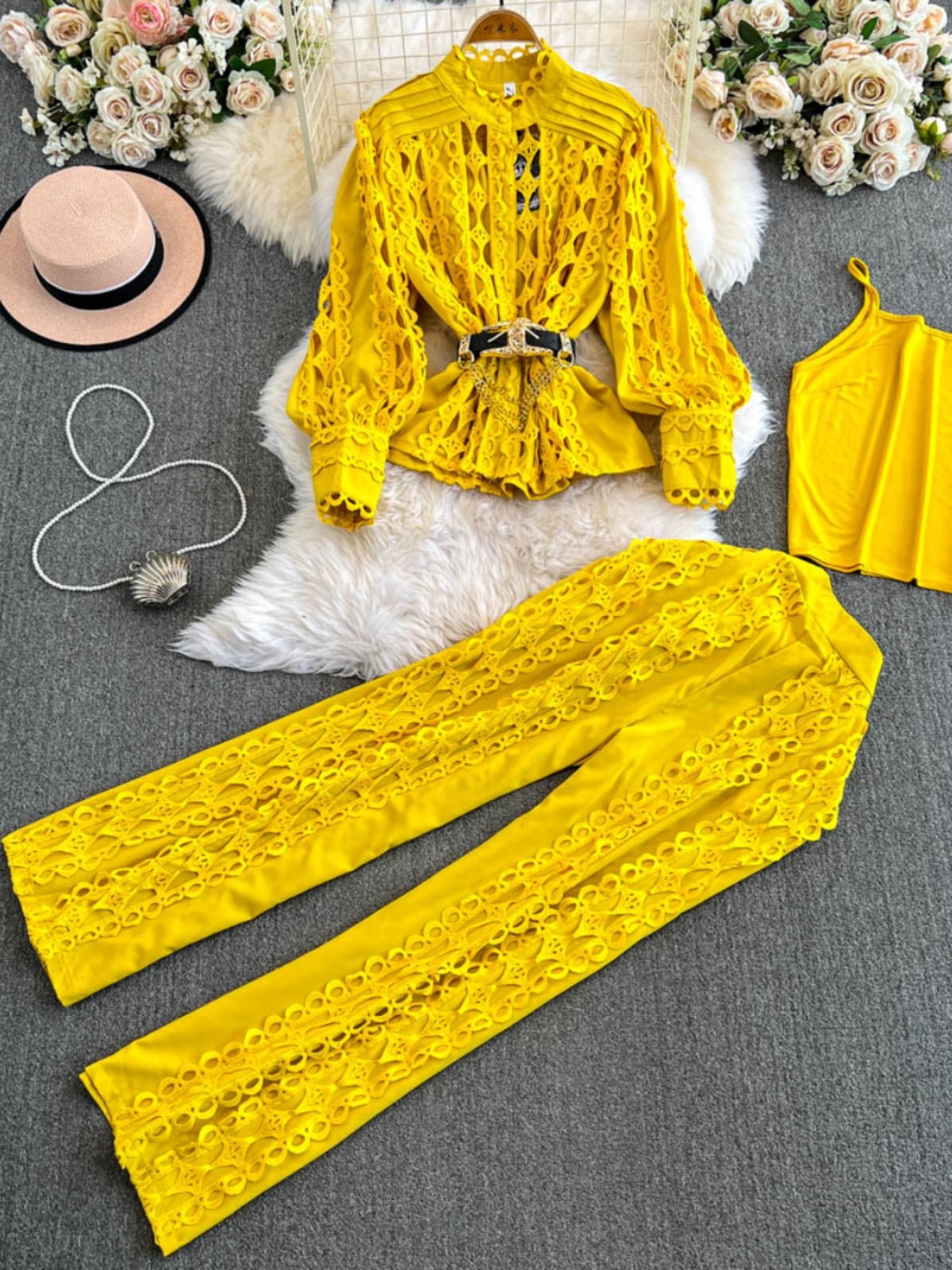 Wholesale 2024 Autumn New Fashionable Lace Hook Flower Lantern Sleeve Shirt High Waist Slimming Wide Leg Pants Women's Set