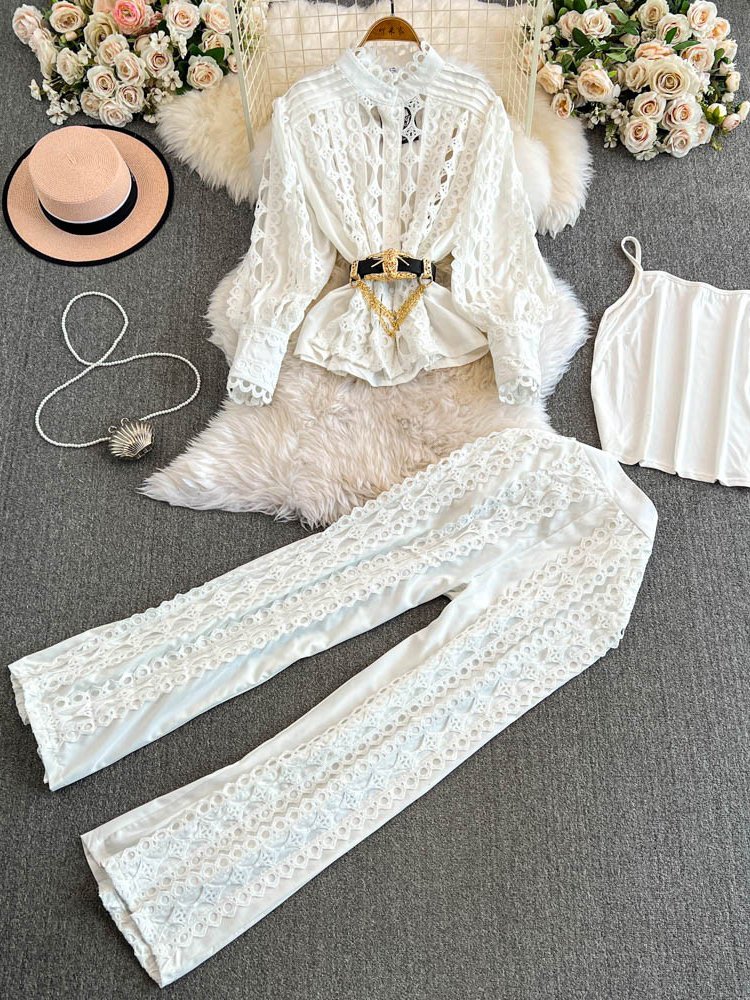 Wholesale 2024 Autumn New Fashionable Lace Hook Flower Lantern Sleeve Shirt High Waist Slimming Wide Leg Pants Women's Set