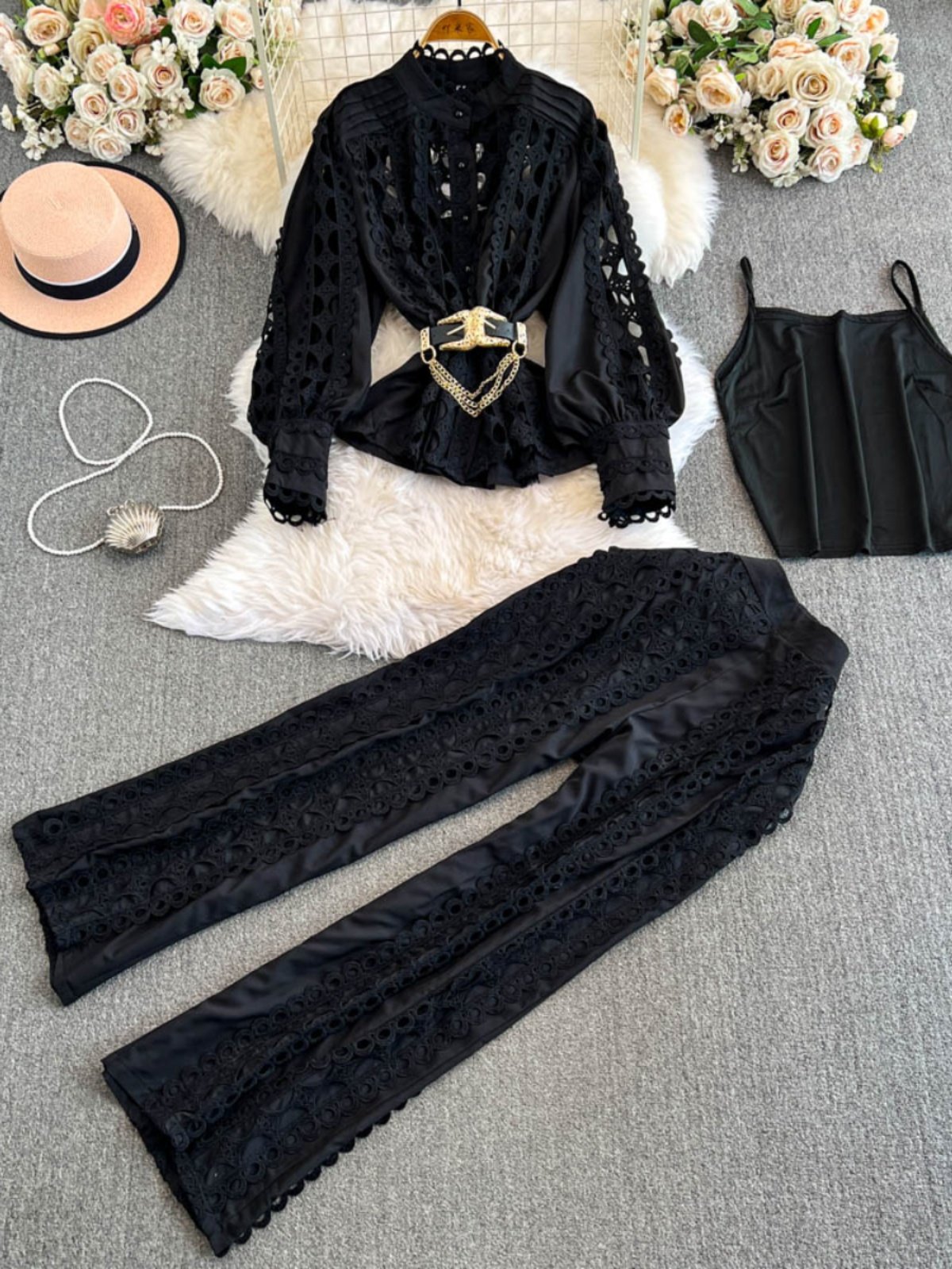 Wholesale 2024 Autumn New Fashionable Lace Hook Flower Lantern Sleeve Shirt High Waist Slimming Wide Leg Pants Women's Set