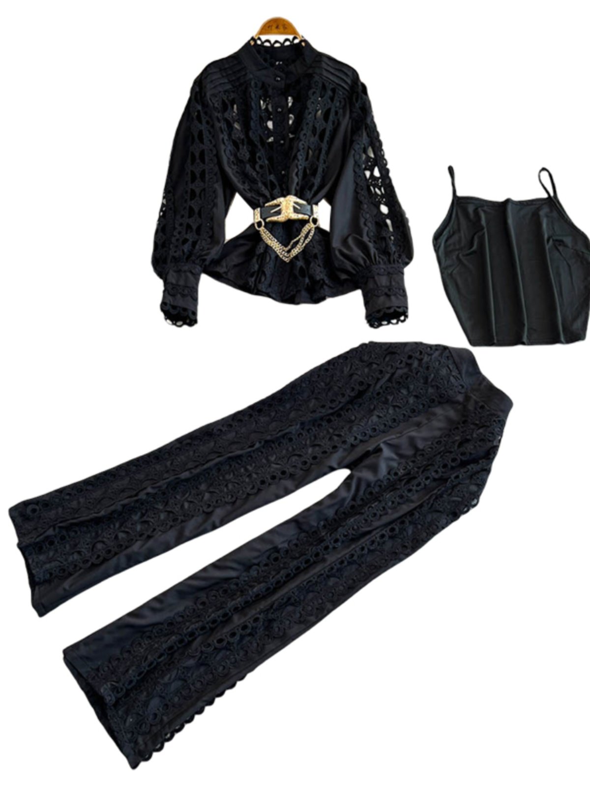 Wholesale 2024 Autumn New Fashionable Lace Hook Flower Lantern Sleeve Shirt High Waist Slimming Wide Leg Pants Women's Set