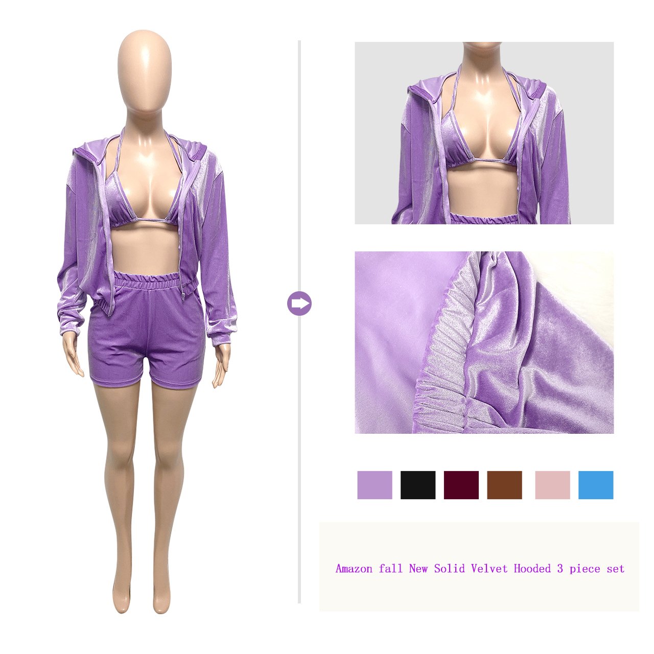 2023 custom bra and shorts seamless women's sets new fall New Solid Velvet Hooded 3 piece set women