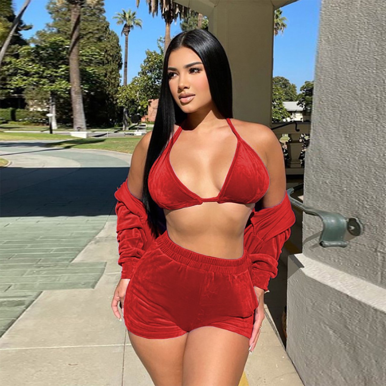 2023 custom bra and shorts seamless women's sets new fall New Solid Velvet Hooded 3 piece set women