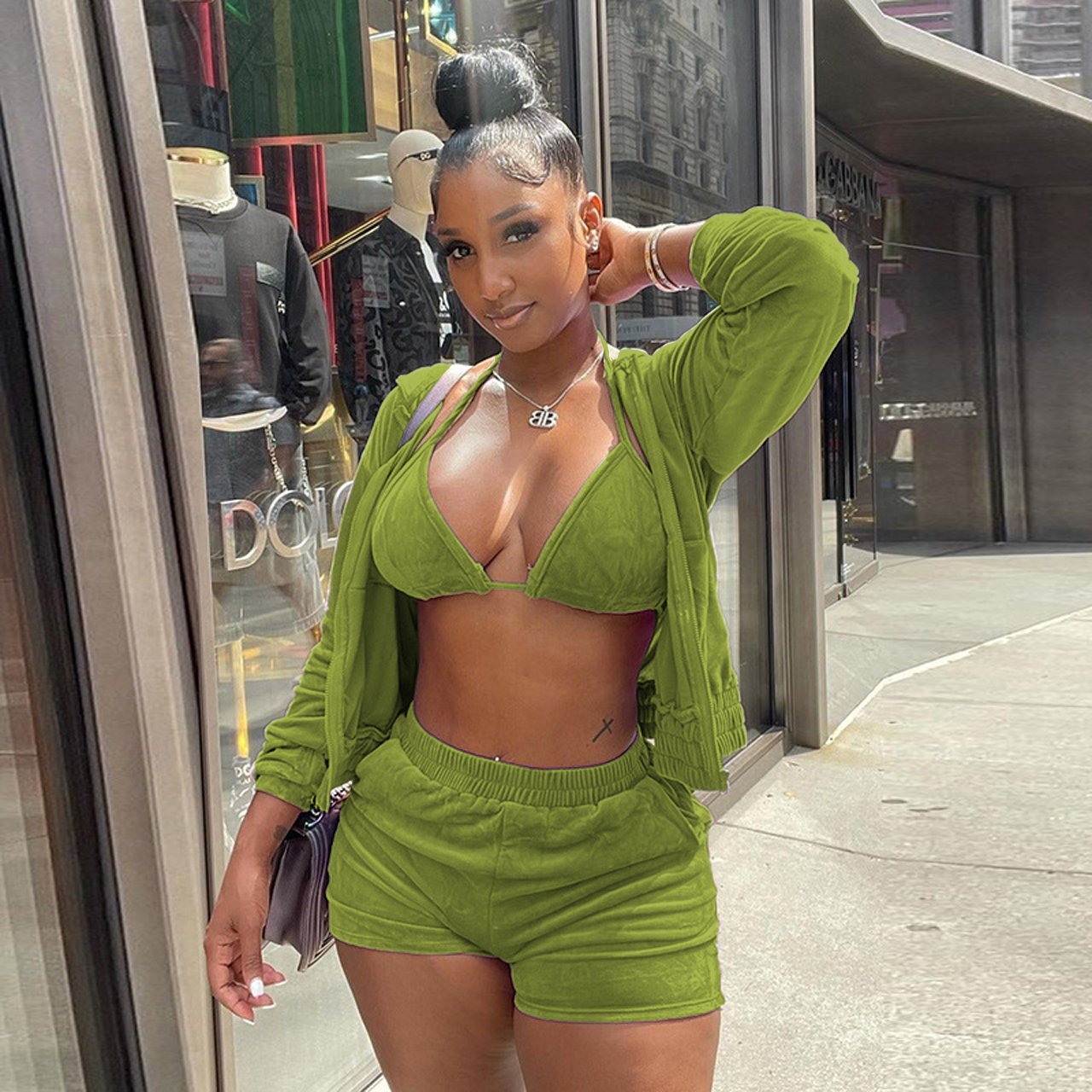 2023 custom bra and shorts seamless women's sets new fall New Solid Velvet Hooded 3 piece set women