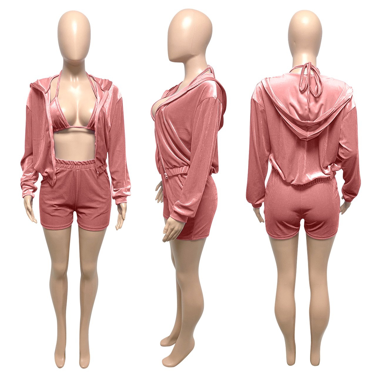 2023 custom bra and shorts seamless women's sets new fall New Solid Velvet Hooded 3 piece set women