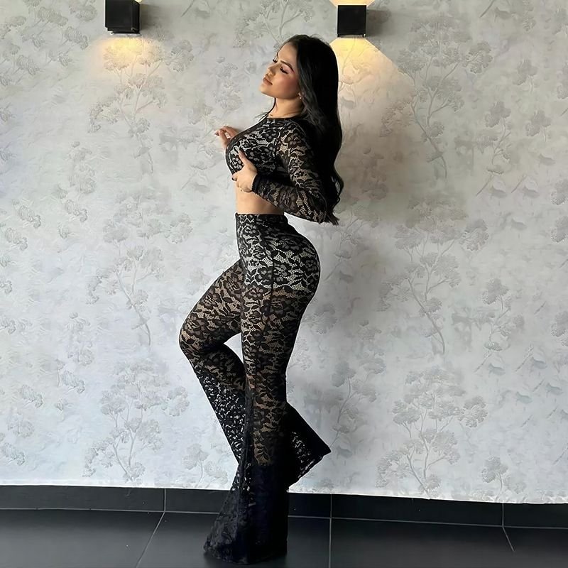 Sexy Lace Long Sleeves Midriff Maxi pant 2 Piece Set Solid Sexy Backless Casual Women's Set
