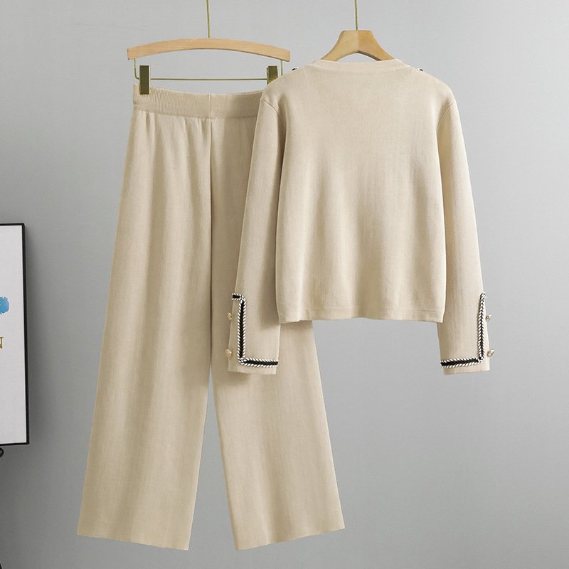 Wholesale 2024 Autumn New Fashionable and Stylish Round Neck Knitted Cardigan Slimming Women's Set