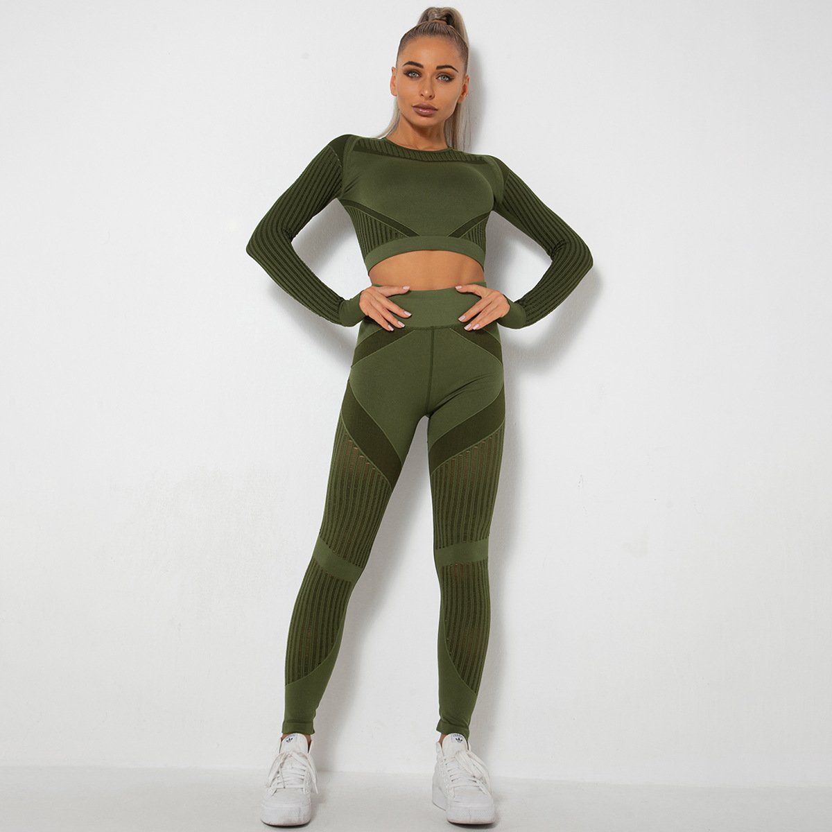 no min order sportswear New Seamless Mesh Hole Quick Drying Sports Yoga Long Sleeve Striped Fitness Pants Yoga Suit