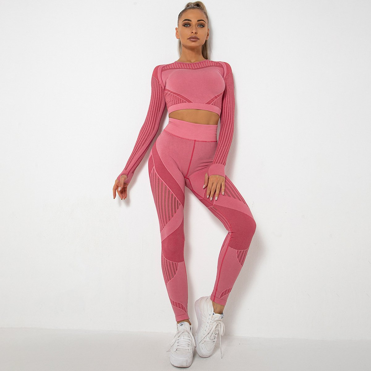 no min order sportswear New Seamless Mesh Hole Quick Drying Sports Yoga Long Sleeve Striped Fitness Pants Yoga Suit