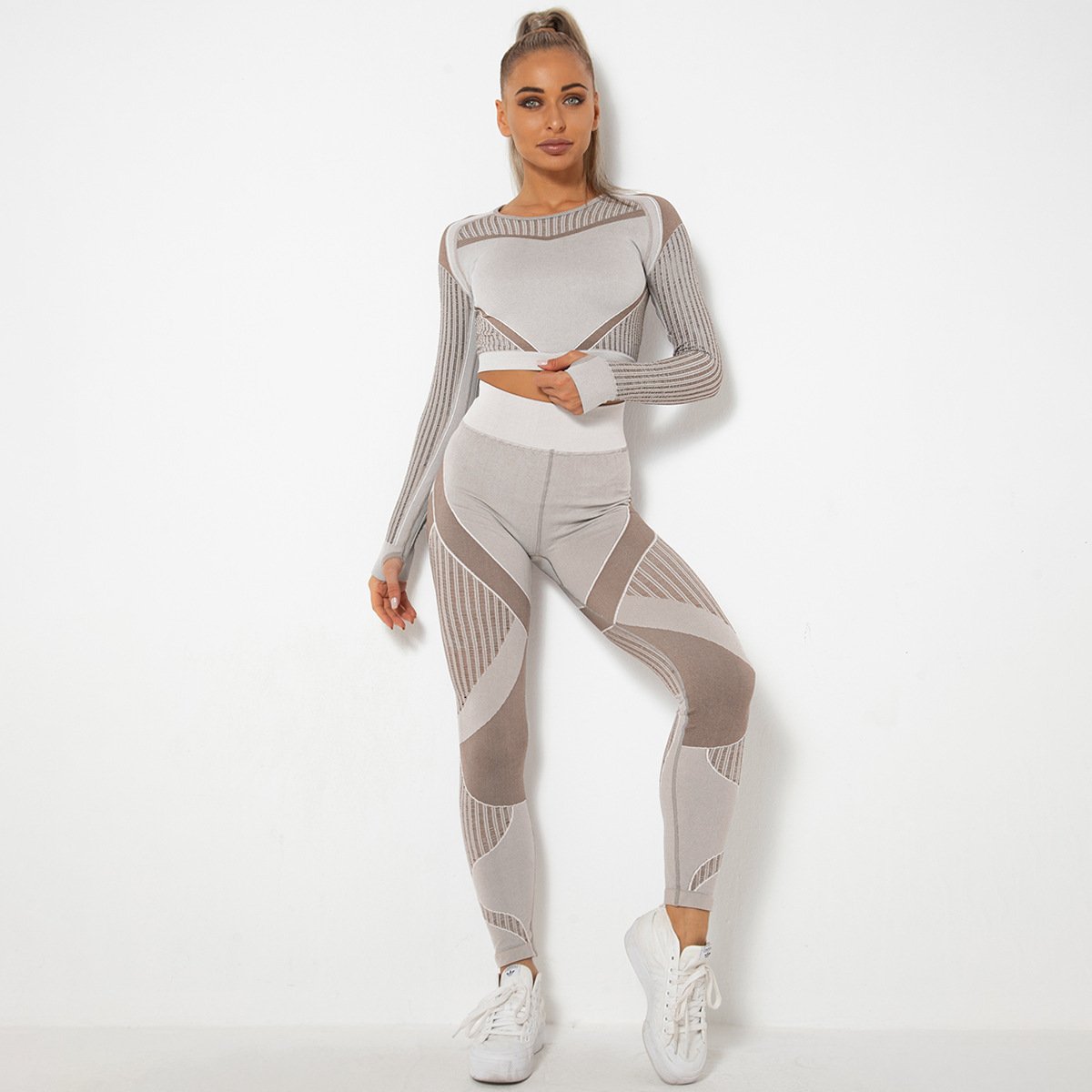 no min order sportswear New Seamless Mesh Hole Quick Drying Sports Yoga Long Sleeve Striped Fitness Pants Yoga Suit