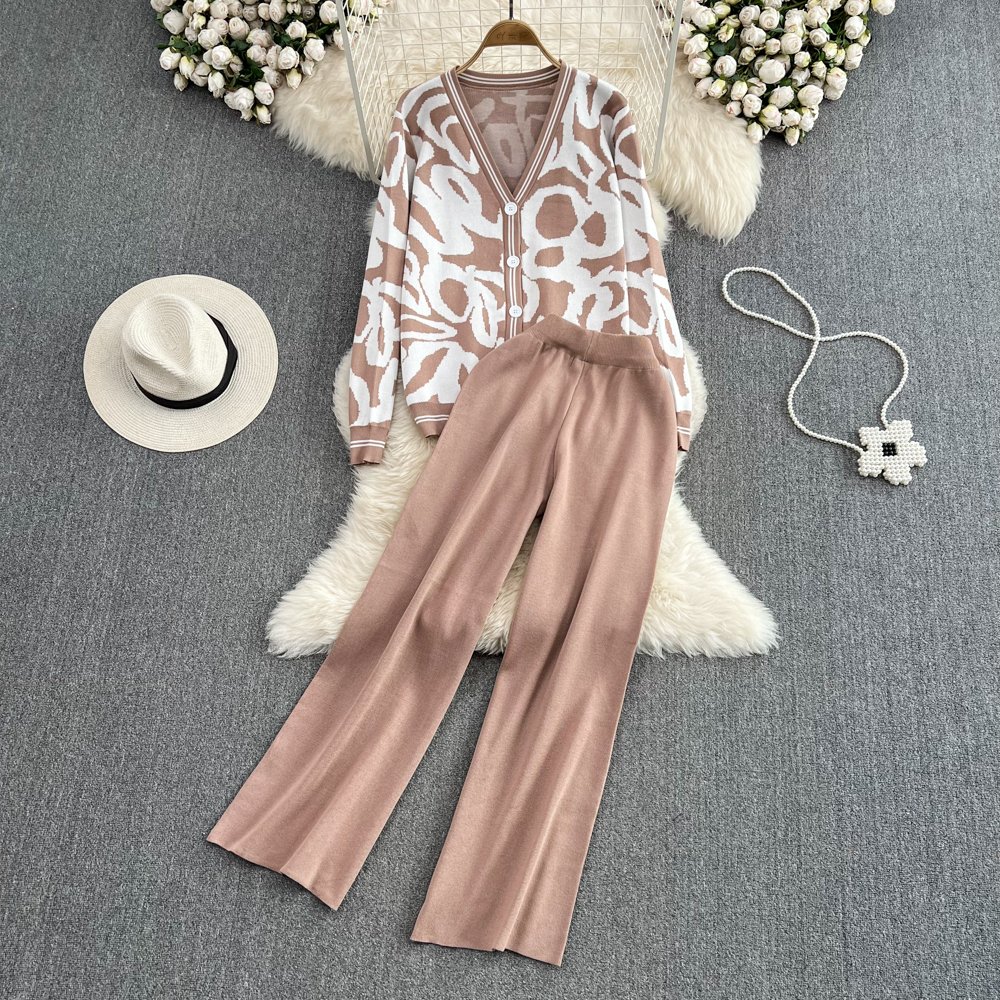 Women's Fashion suit loose long V-neck knitted sweater coat and high waist falling straight pants two-piece set