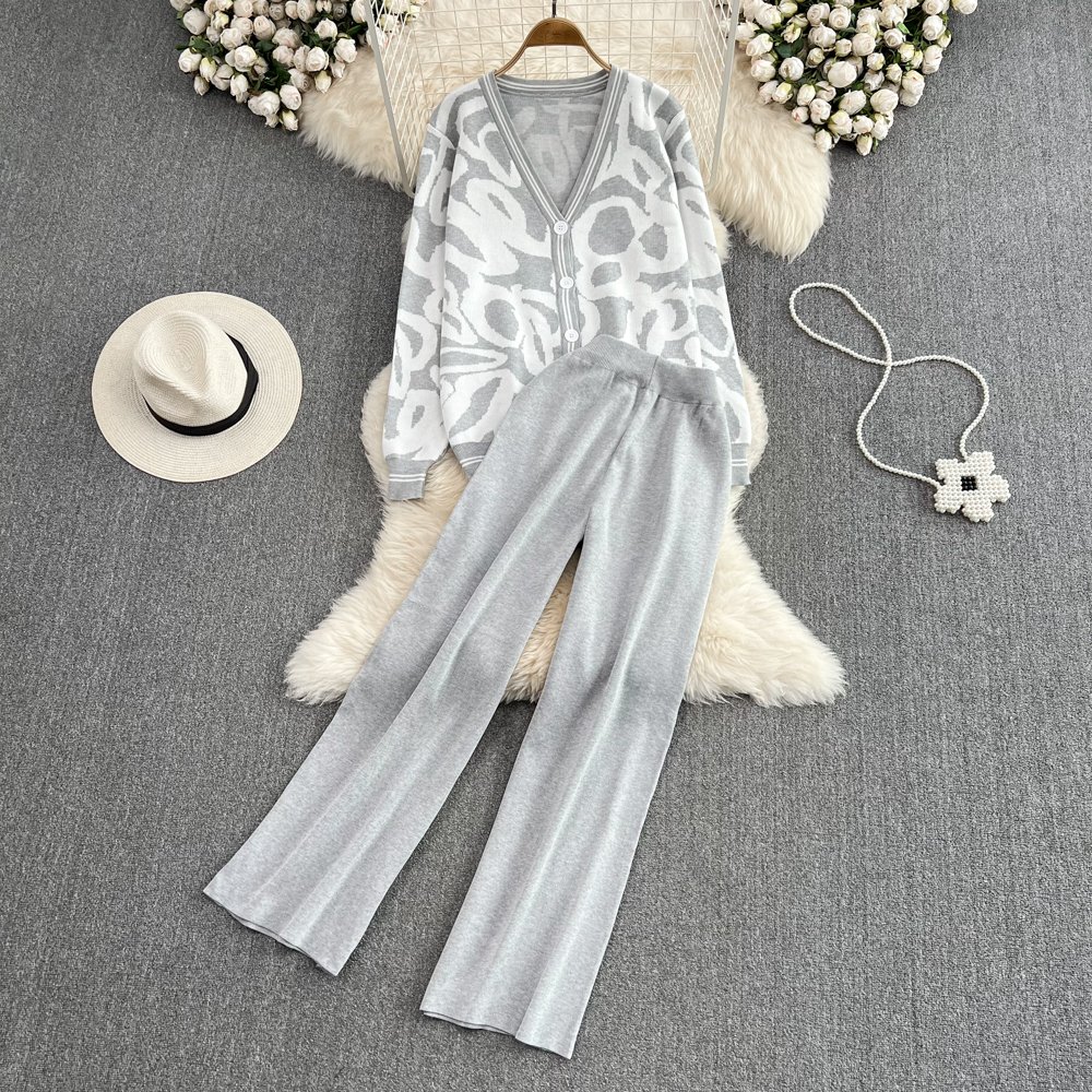 Women's Fashion suit loose long V-neck knitted sweater coat and high waist falling straight pants two-piece set