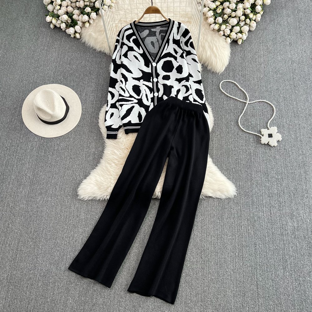 Women's Fashion suit loose long V-neck knitted sweater coat and high waist falling straight pants two-piece set