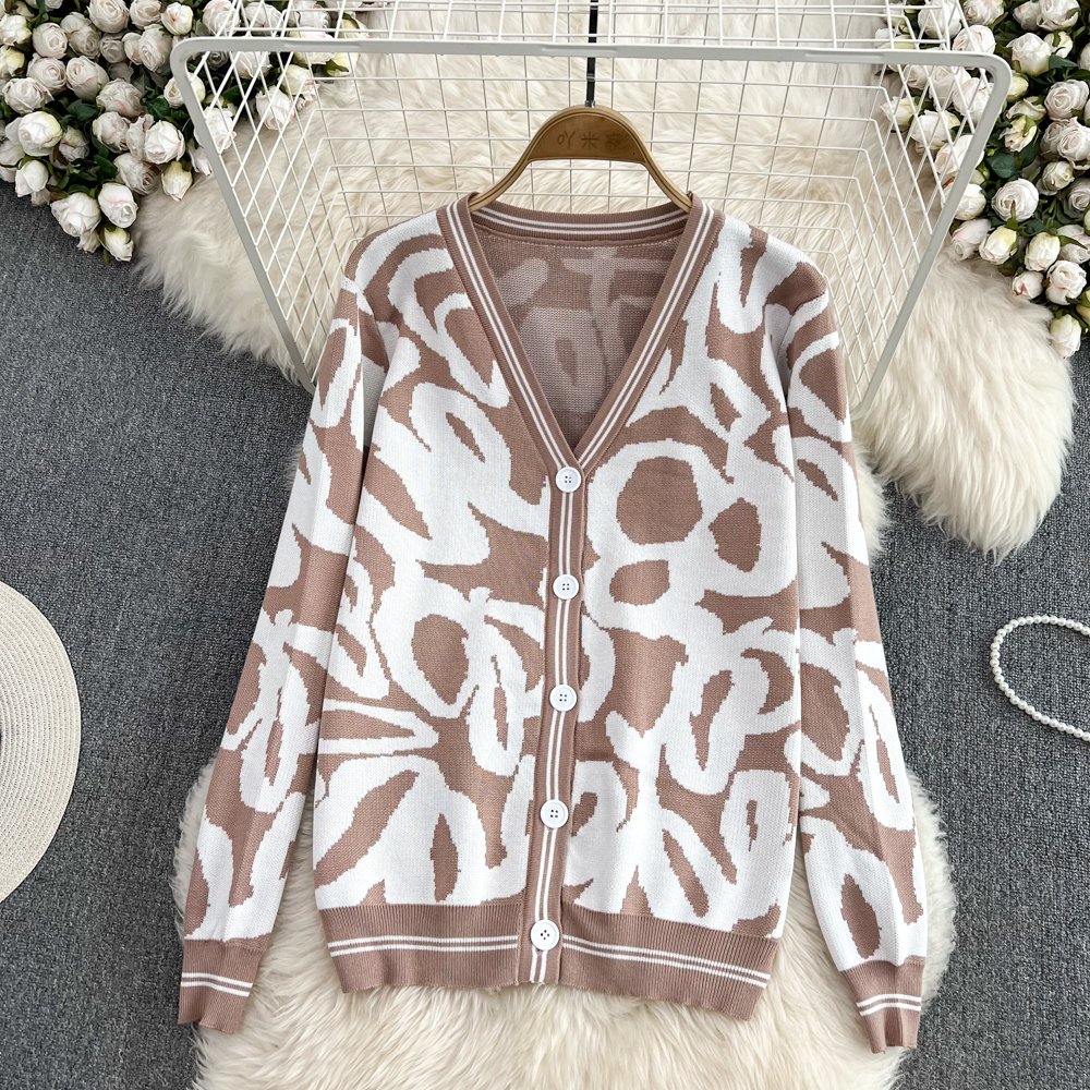 Women's Fashion suit loose long V-neck knitted sweater coat and high waist falling straight pants two-piece set