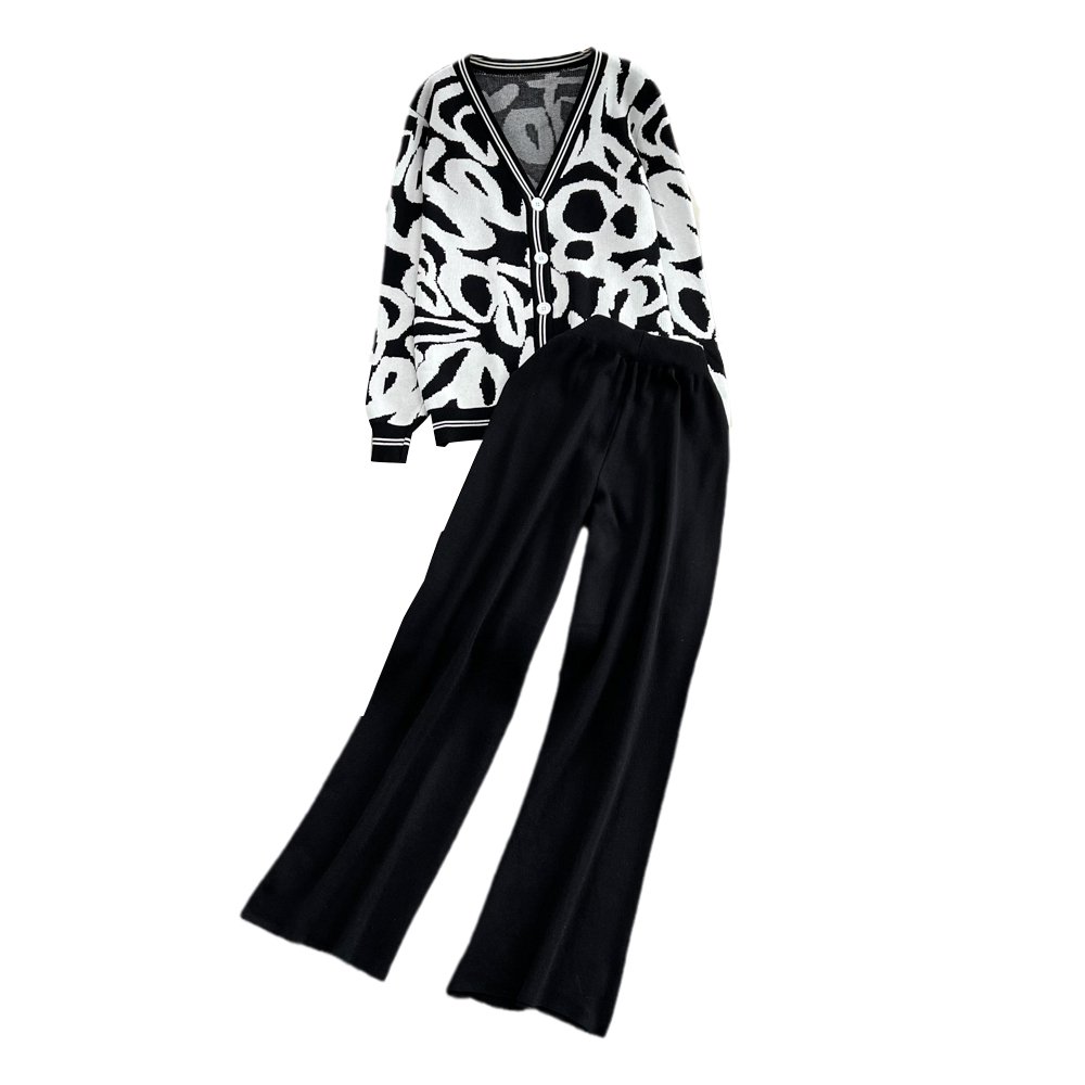 Women's Fashion suit loose long V-neck knitted sweater coat and high waist falling straight pants two-piece set