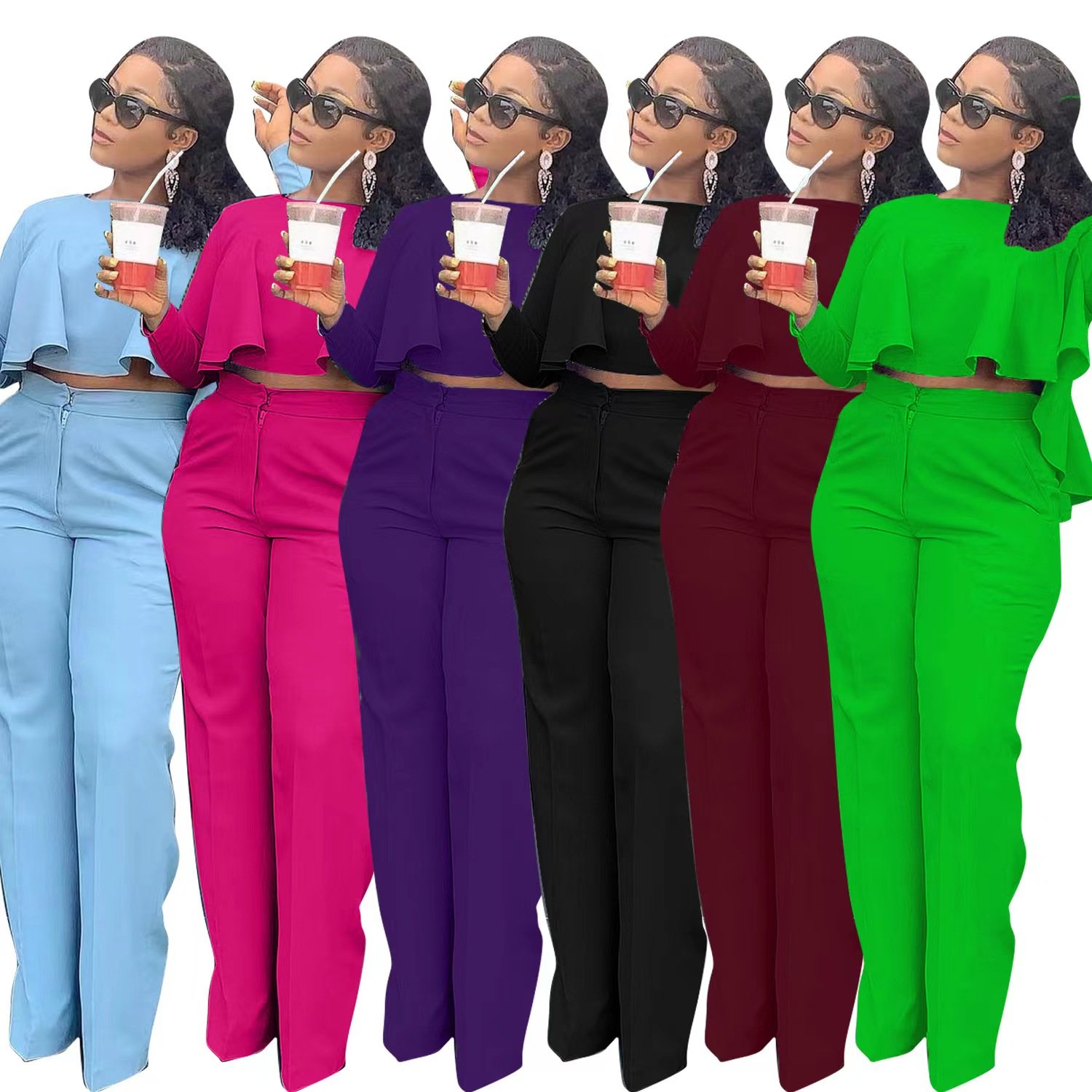 Conyson New Arrivals Women's Two Piece Set With Pockets Solid Long Sleeve Autumn Winter Back Pleat 2pc Outfit Casual Wear