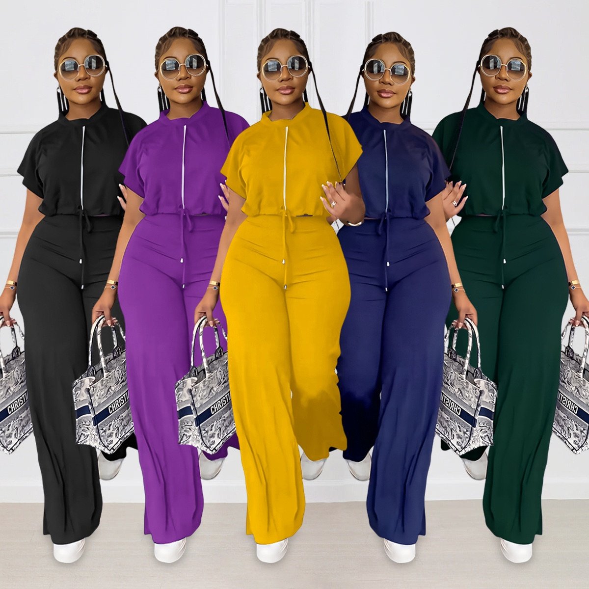 Europe and the United States summer drawstring short jacket high waist slit women's pants fashion two-piece set