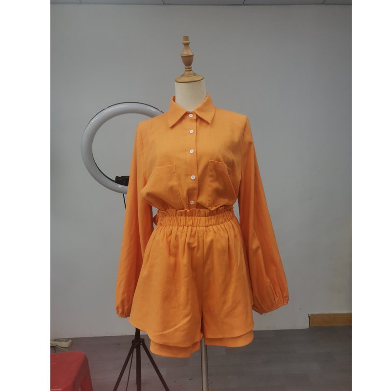 Custom High Quality 100% Cotton Linen Breathable Shirt Double Layers Shorts Two Pieces Sets Women's Summer Sets Elegant
