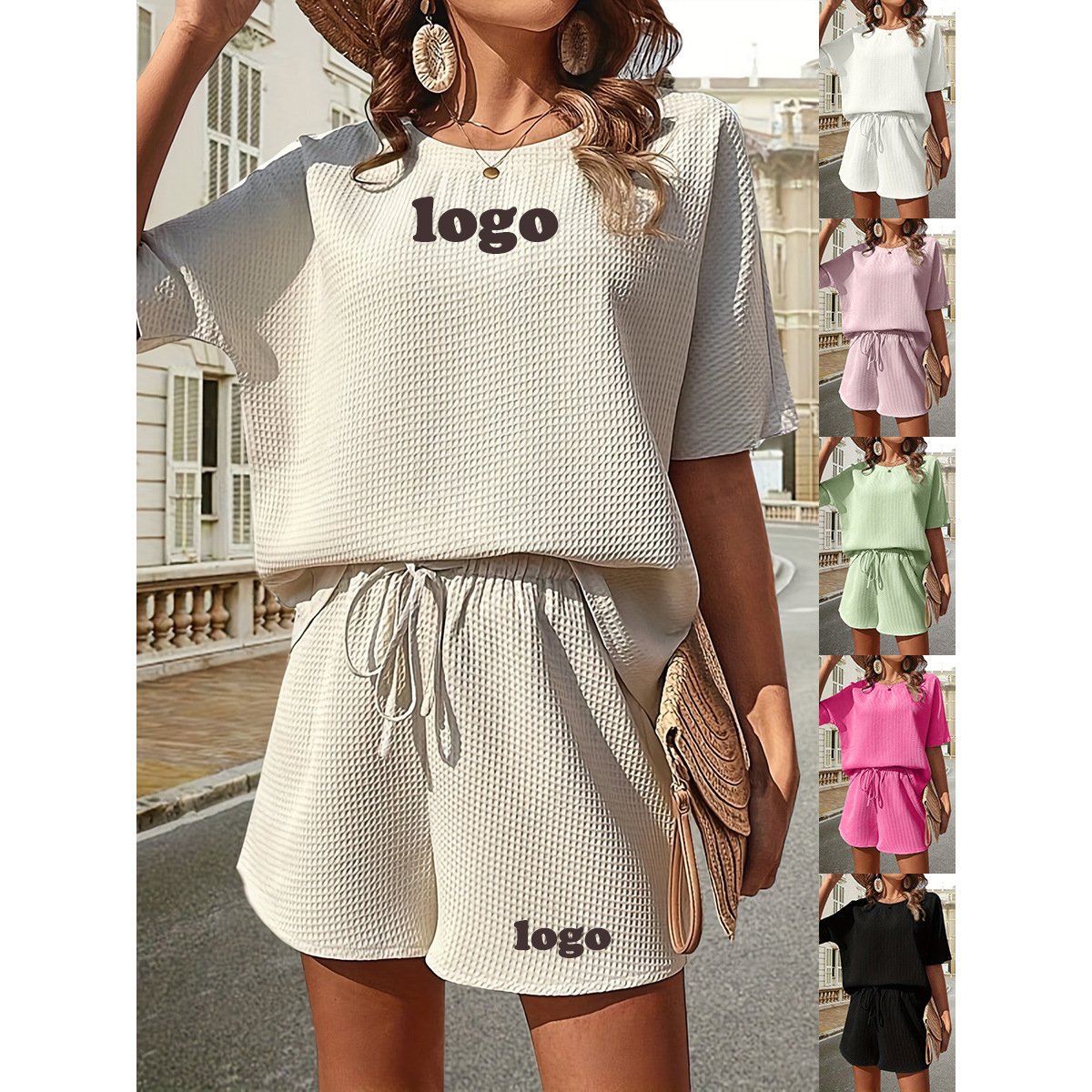 Customized Women's Stylish Boxy Short-Sleeved Suit with Breathable Solid Color Fashionable Shorts Two-Piece Set
